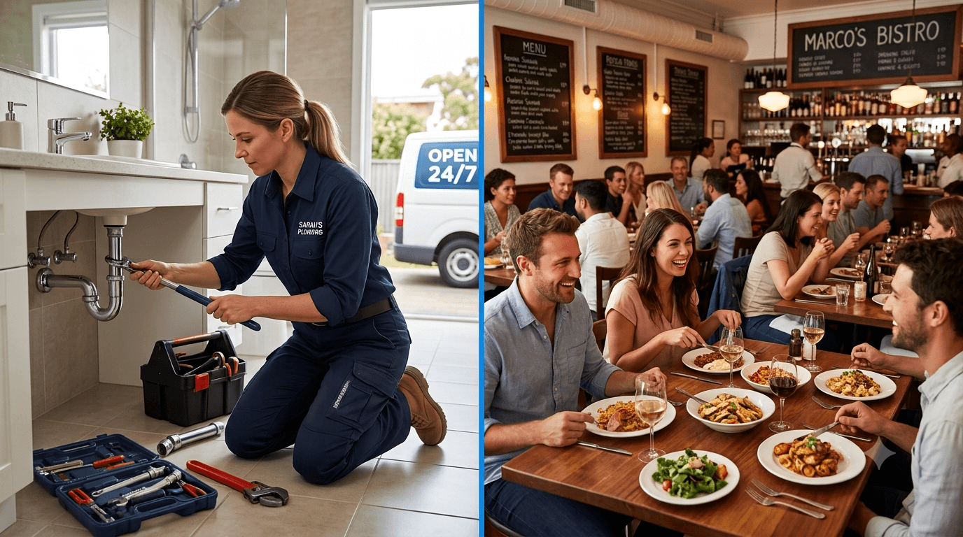 A plumber fixing a sink and a busy bistro. Both supported by call.fast 24/7.
